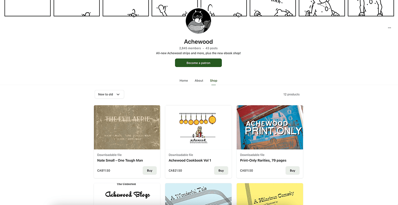 Achewood sell digital products on patreon 
