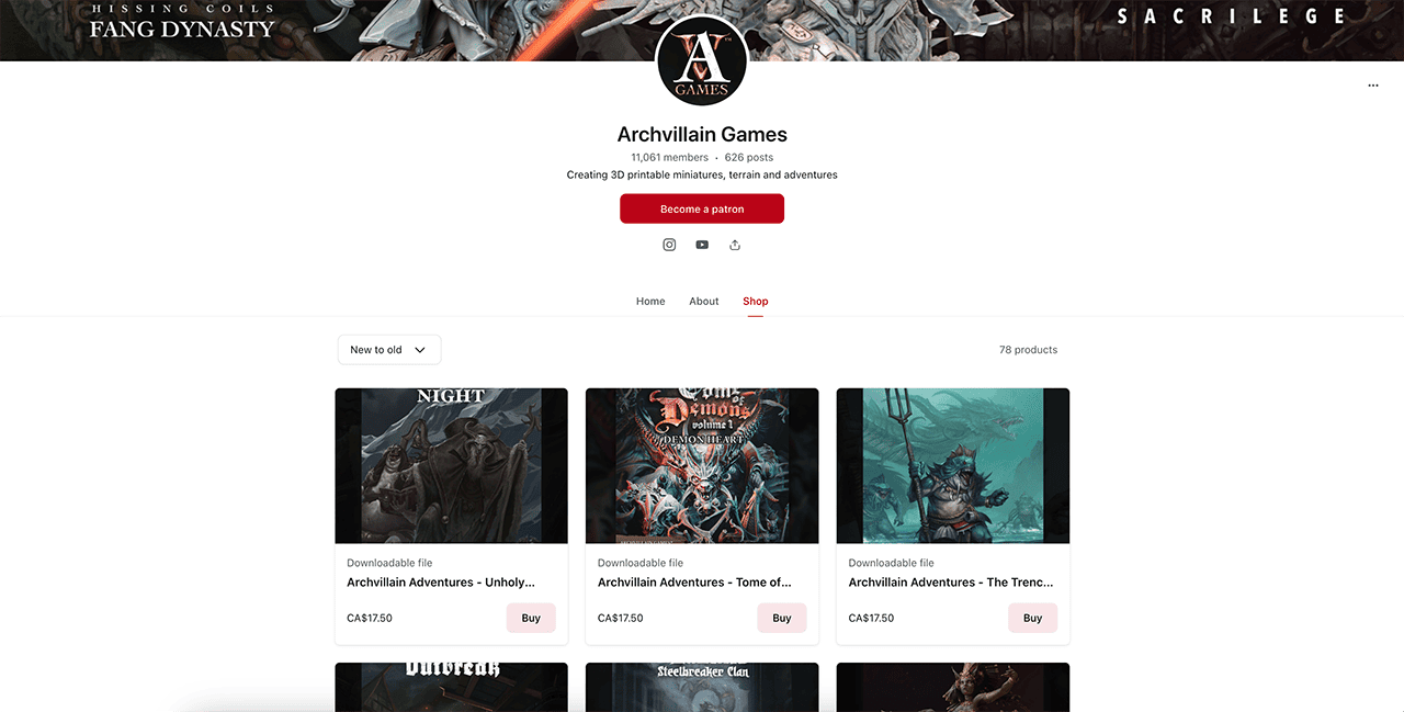 Archvillain Games sell digital products on patreon 