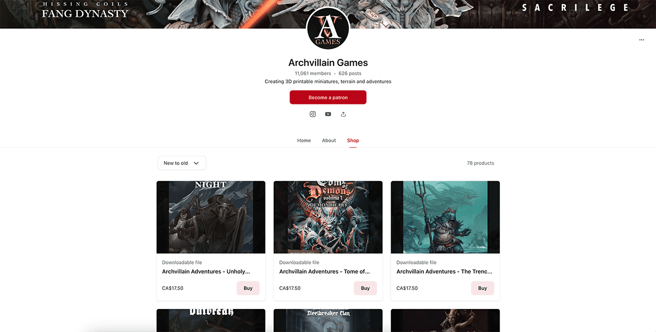 Archvillain Games sell digital products on patreon