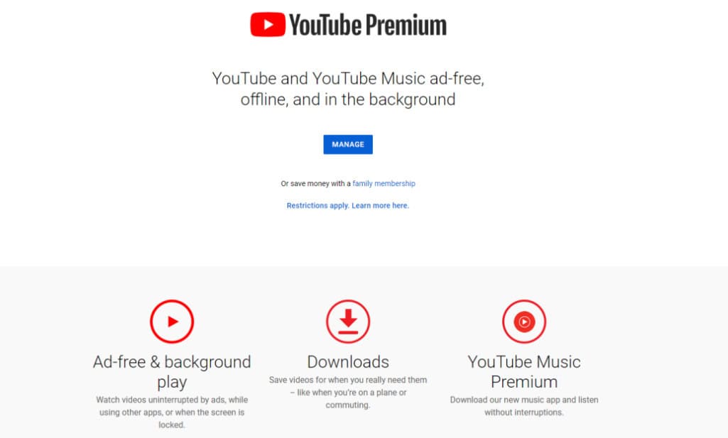 A screenshot showing YouTube Premium features.