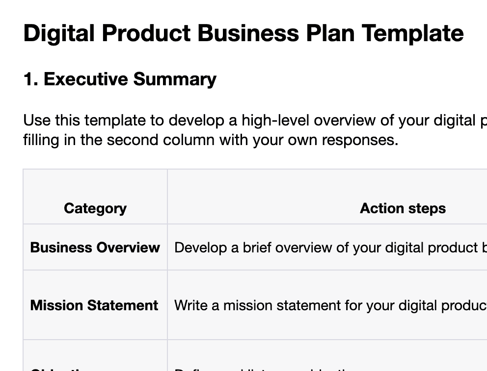 digital product business plan template